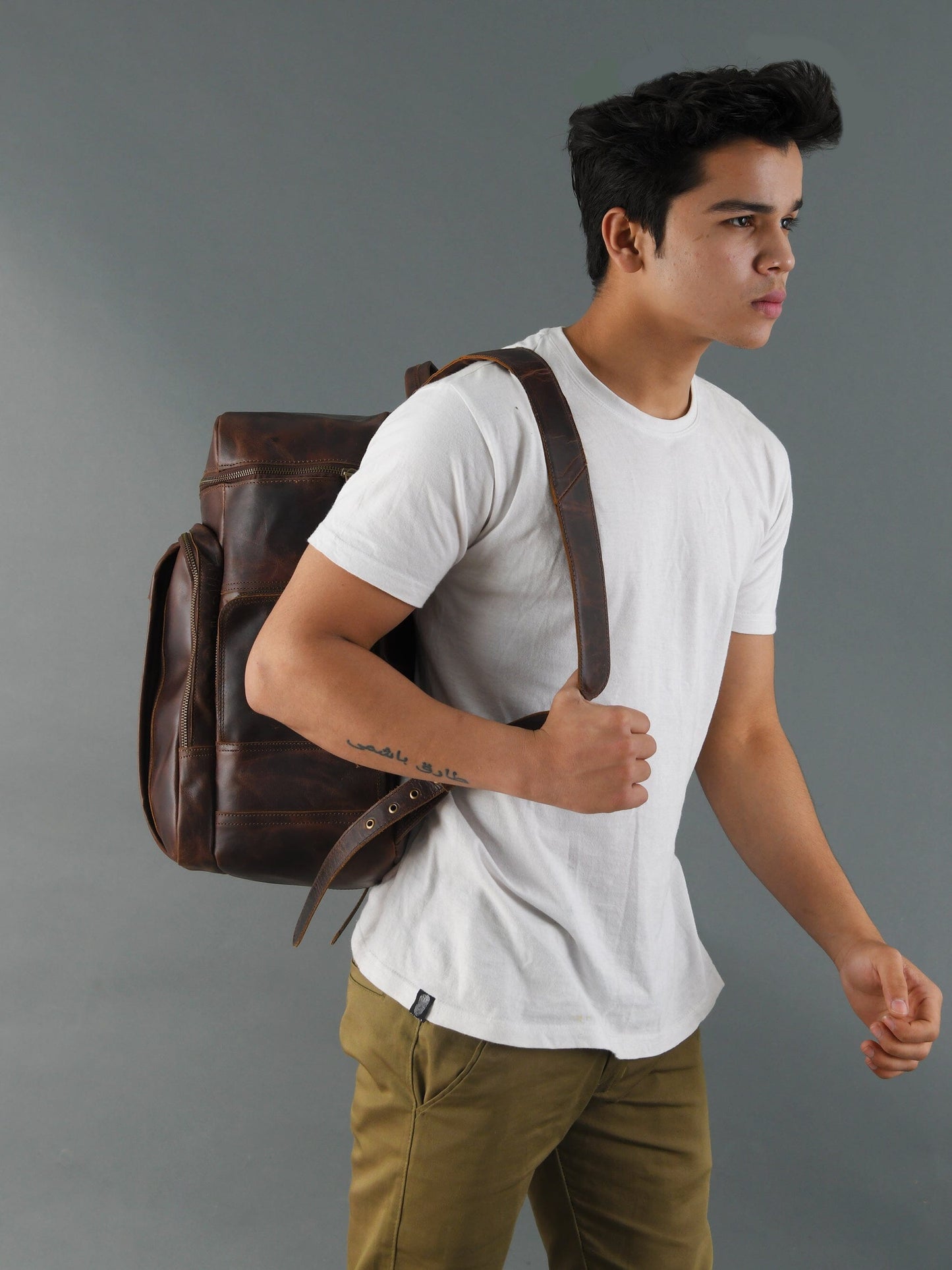 Alpha Brown Buffalo Leather Travel Backpack